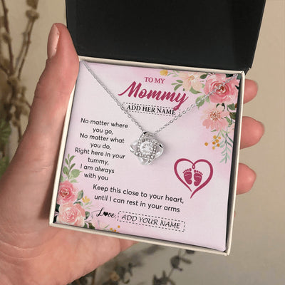 Love Knot Necklace 14K White Gold Finish | 2 | Personalized Mommy To Be Gift Pregnancy Gifts To My Mommy From Baby Bump Necklace Expecting Mom Gifts New Mothers Day Jewellery Custom Gift Box Message Card | https://siriusteestore.