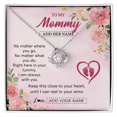 Love Knot Necklace 14K White Gold Finish | 1 | Personalized Mommy To Be Gift Pregnancy Gifts To My Mommy From Baby Bump Necklace Expecting Mom Gifts New Mothers Day Jewellery Custom Gift Box Message Card | https://siriusteestore.