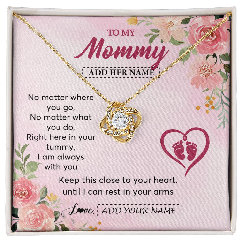 Love Knot Necklace 18K Yellow Gold Finish | 1 | Personalized Mommy To Be Gift Pregnancy Gifts To My Mommy From Baby Bump Necklace Expecting Mom Gifts New Mothers Day Jewellery Custom Gift Box Message Card | https://siriusteestore.
