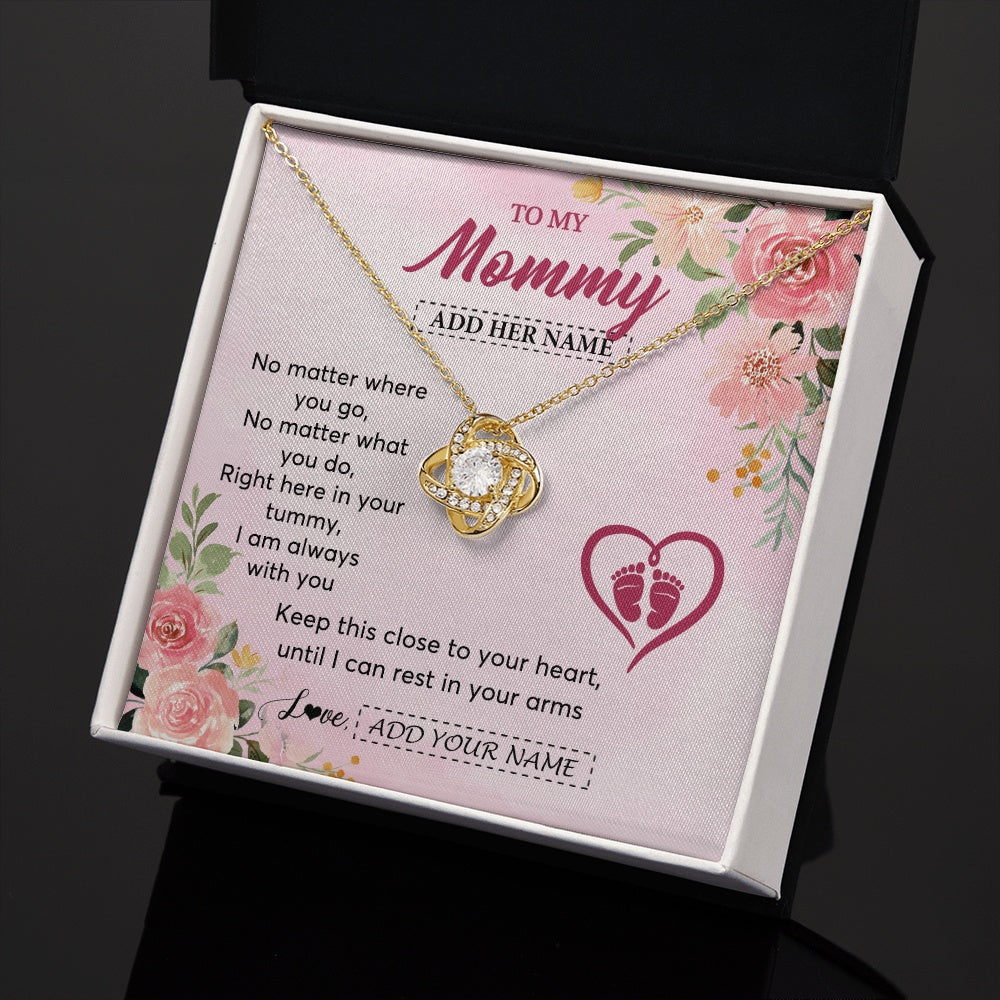 Love Knot Necklace 18K Yellow Gold Finish | 2 | Personalized Mommy To Be Gift Pregnancy Gifts To My Mommy From Baby Bump Necklace Expecting Mom Gifts New Mothers Day Jewellery Custom Gift Box Message Card | https://siriusteestore.