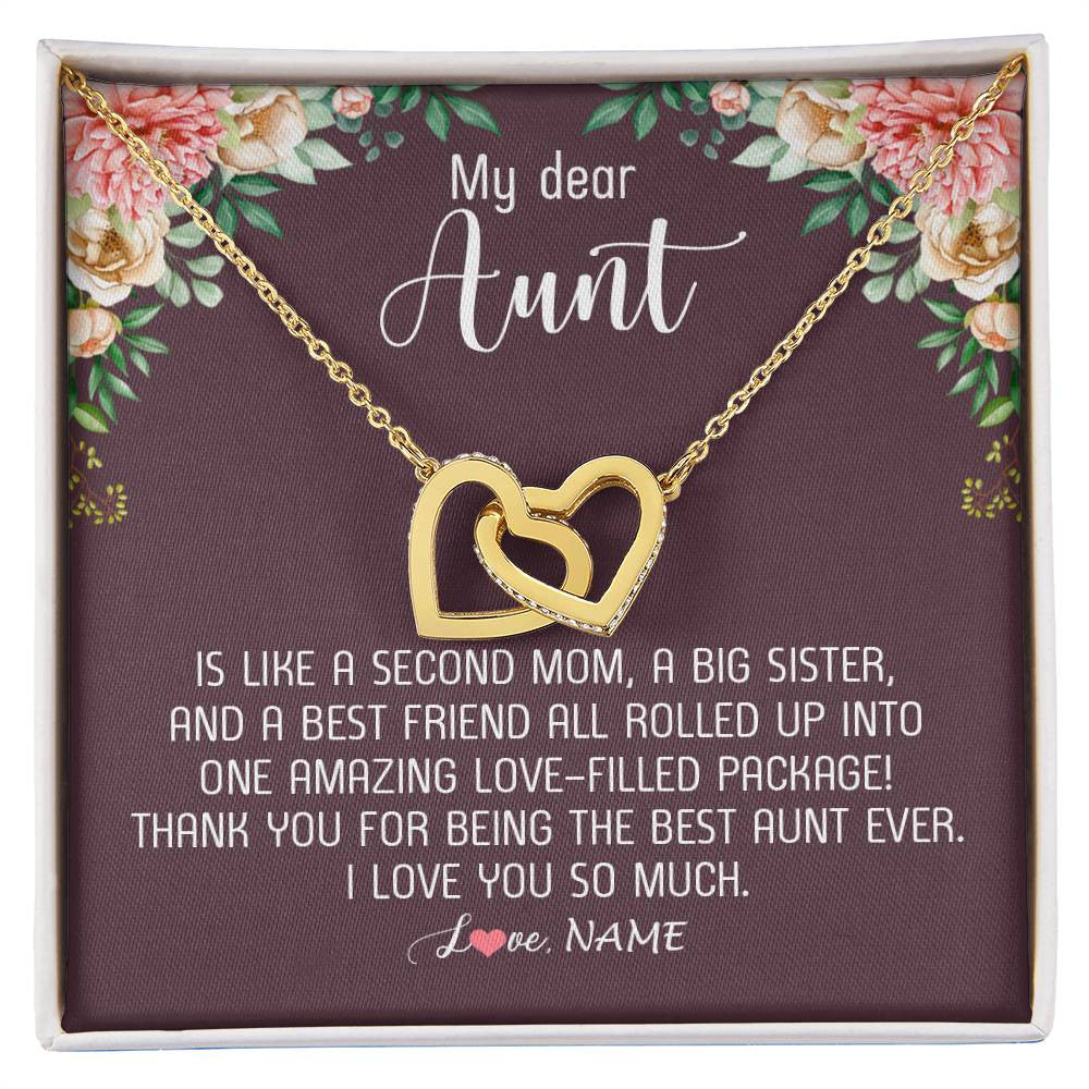 Interlocking Hearts Necklace 18K Yellow Gold Finish | Personalized My Dear Aunt Necklace From Niece Nephew Like A Second Mom Big Sister Aunt Jewelry Birthday Monthers Day Christmas Customized Gift Box Message Card | siriusteestore