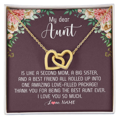 Interlocking Hearts Necklace 18K Yellow Gold Finish | Personalized My Dear Aunt Necklace From Niece Nephew Like A Second Mom Big Sister Aunt Jewelry Birthday Monthers Day Christmas Customized Gift Box Message Card | siriusteestore