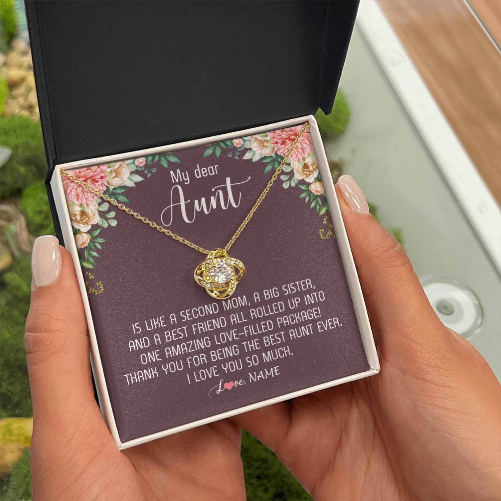 Love Knot Necklace 18K Yellow Gold Finish | Personalized My Dear Aunt Necklace From Niece Nephew Like A Second Mom Big Sister Aunt Jewelry Birthday Monthers Day Christmas Customized Gift Box Message Card | siriusteestore