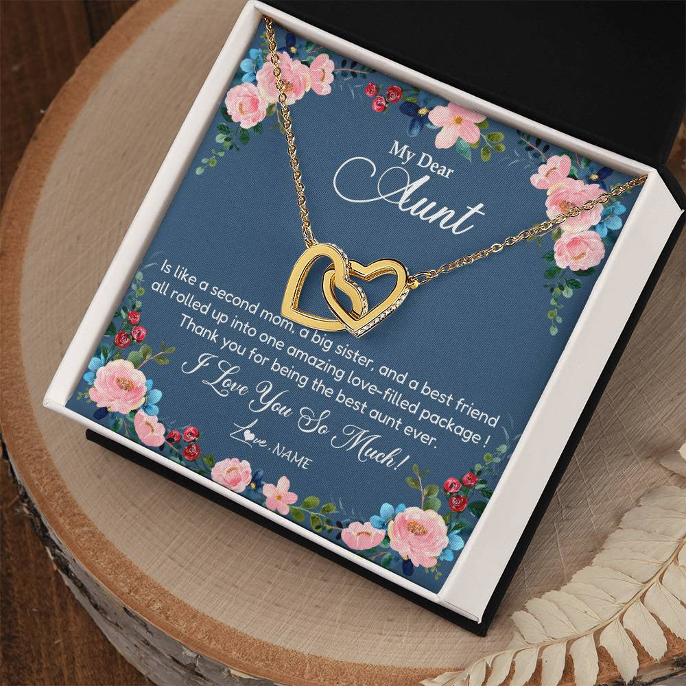 Interlocking Hearts Necklace 18K Yellow Gold Finish | Personalized My Dear Aunt Necklace From Niece Thank You For Being The Best Aunt Ever Pendant Jewelry Birthday Mothers Day Christmas Customized Message Card | siriusteestore