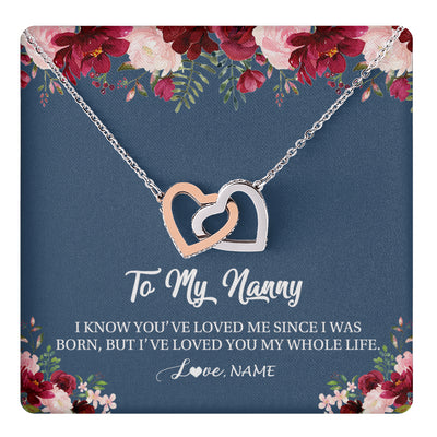 Interlocking Hearts Necklace Stainless Steel & Rose Gold Finish | 1 | Personalized Nanny Necklace I've Loved You My Whole Life Floral Nanny Birthday Mothers Day Christmas Customized Message Card | siriusteestore