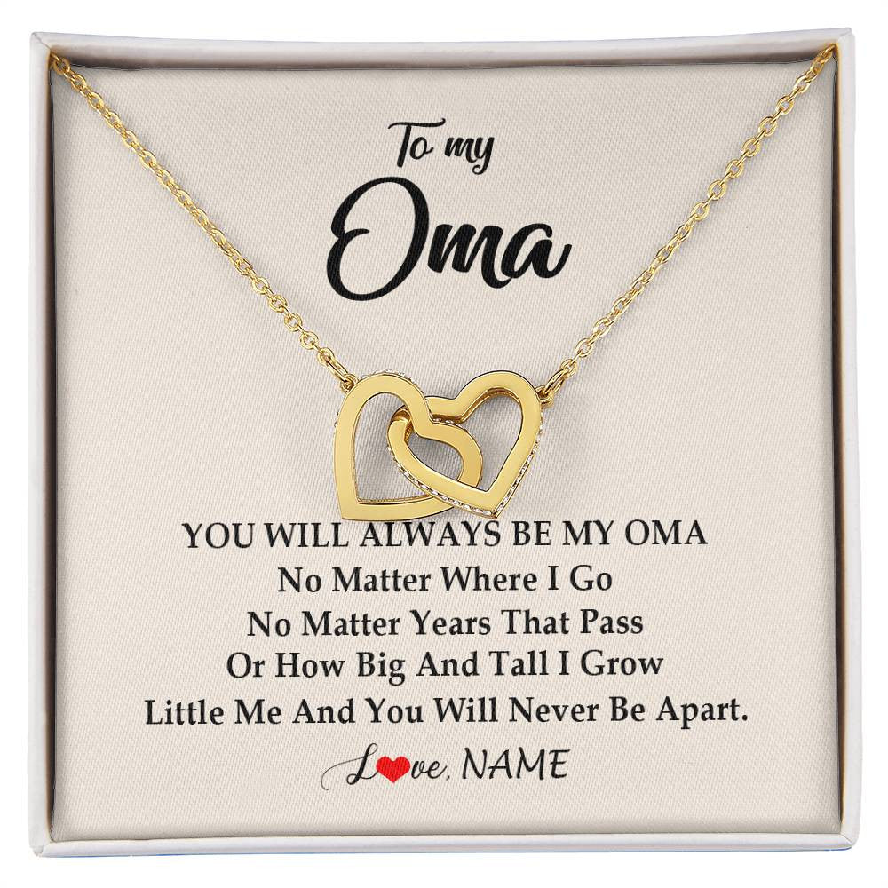 Interlocking Hearts Necklace 18K Yellow Gold Finish | Personalized Oma Necklace From Grandkids Granddaughter Grandson You Will Always Be My Oma Birthday Mothers Day Christmas Customized Gift Box Message Card | siriusteestore