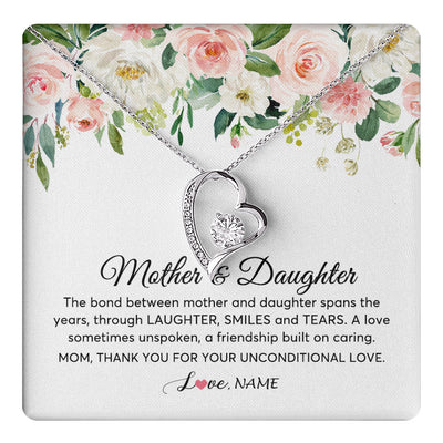 Forever Love Necklace 14K White Gold Finish | 1 | Personalized The Bond Between Mother And Daughter Necklace Thank You Love Mom Jewelry Birthday Mothers Day Christmas Customized Gift Box Message Card | siriusteestore