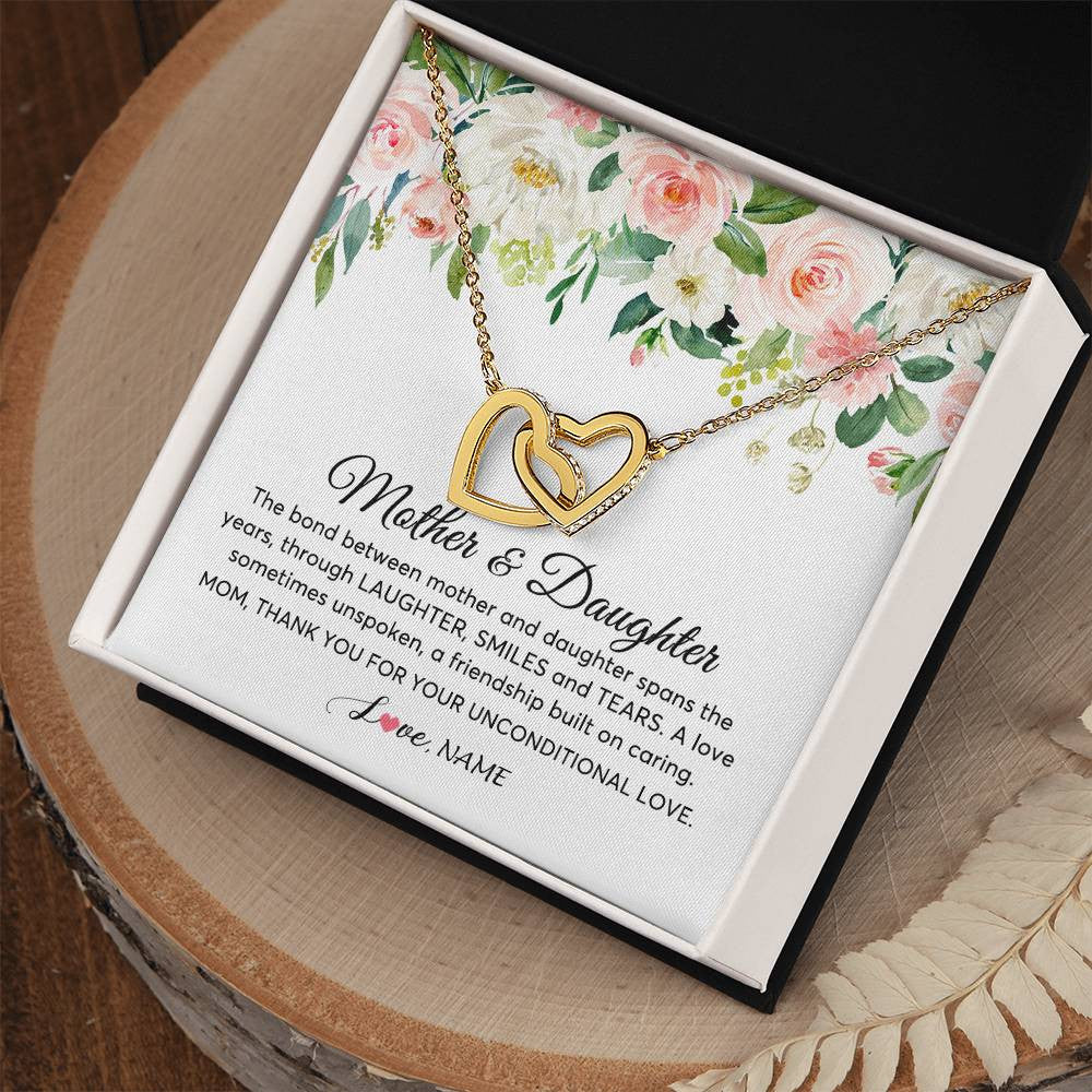 Interlocking Hearts Necklace 18K Yellow Gold Finish | Personalized The Bond Between Mother And Daughter Necklace Thank You Love Mom Jewelry Birthday Mothers Day Christmas Customized Gift Box Message Card | siriusteestore