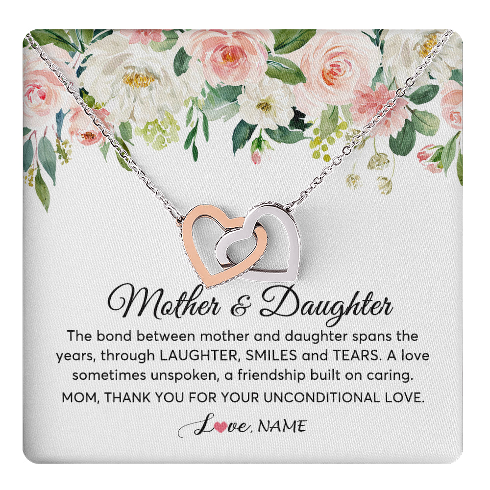 Interlocking Hearts Necklace Stainless Steel & Rose Gold Finish | 1 | Personalized The Bond Between Mother And Daughter Necklace Thank You Love Mom Jewelry Birthday Mothers Day Christmas Customized Gift Box Message Card | siriusteestore