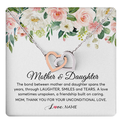 Interlocking Hearts Necklace Stainless Steel & Rose Gold Finish | 1 | Personalized The Bond Between Mother And Daughter Necklace Thank You Love Mom Jewelry Birthday Mothers Day Christmas Customized Gift Box Message Card | siriusteestore