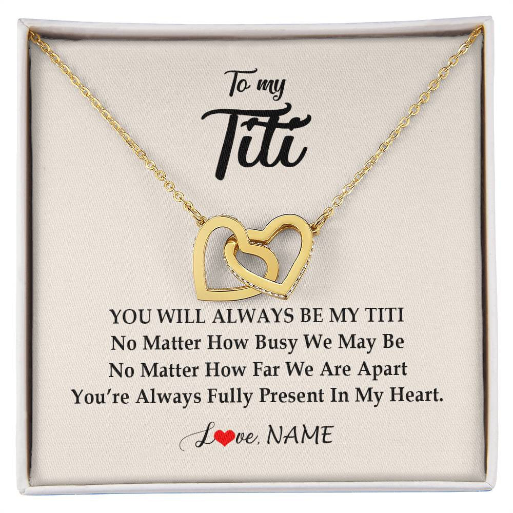 Interlocking Hearts Necklace 18K Yellow Gold Finish | Personalized Titi Necklace From Niece Nephew You're Always In My Heart Titi Birthday Mothers Day Christmas Jewelry Pendant Customized Gift Box Message Card | siriusteestore