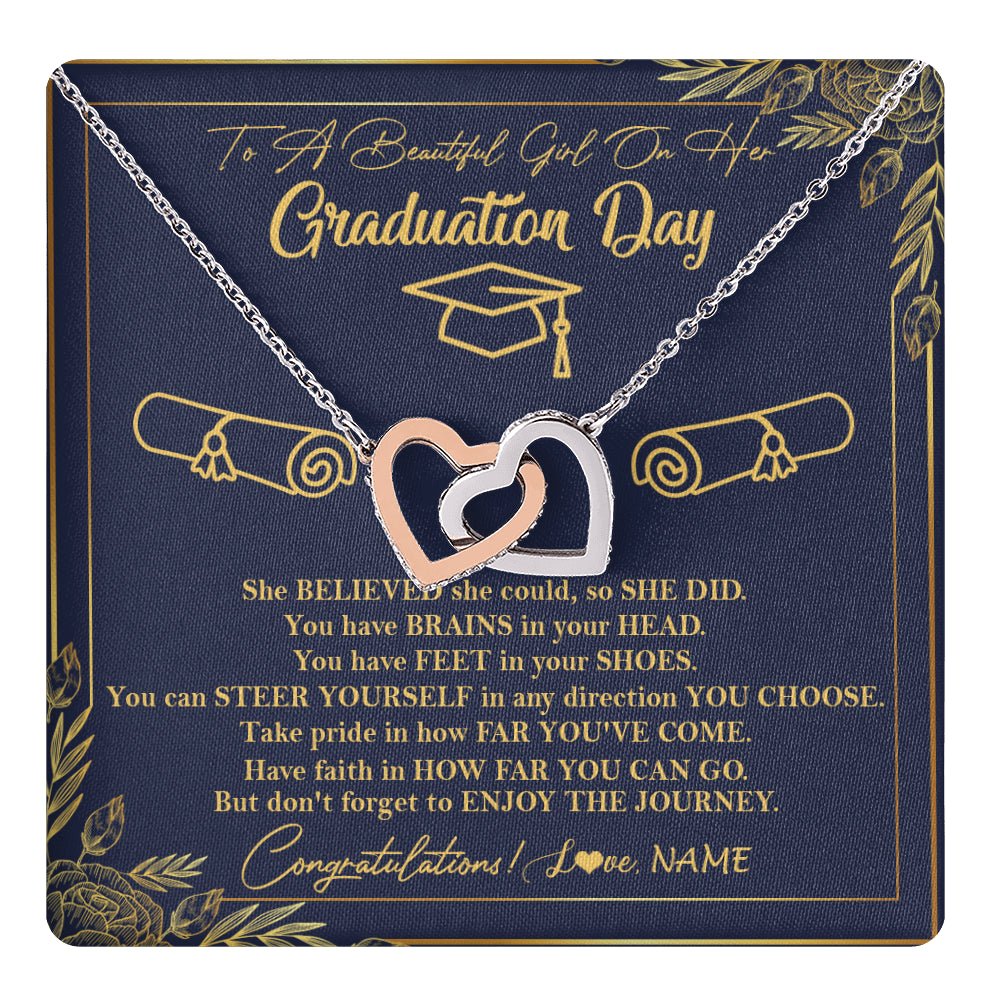 Interlocking Hearts Necklace Stainless Steel & Rose Gold Finish | 1 | Personalized To A Beautiful Women On Her Graduation Day Necklace Class of 2024 For Daughter Granddaughter Sister Jewelry Customized Gift Box Message Card | siriusteestore