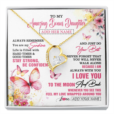 Forever Love Necklace 18K Yellow Gold Finish | 1 | Personalized To My Amazing Bonus Daughter Necklace From Stepmom Stepdad Butterfly It A Big Hug Stepdaughter Birthday Gifts Christmas Gift Box Message Card | https://siriusteestore.
