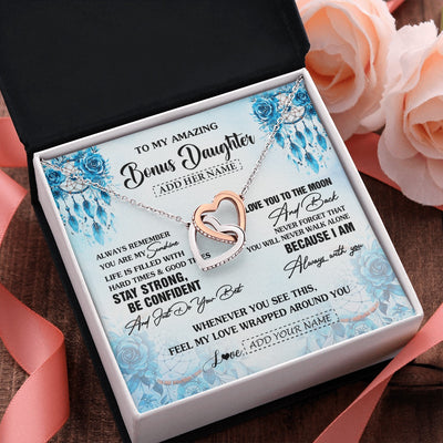 Interlocking Hearts Necklace Stainless Steel & Rose Gold Finish | 2 | Personalized To My Amazing Bonus Daughter Necklace From Stepmom Stepdad Dream Catcher It A Big Hug Stepdaughter Birthday Gifts Christmas Gift Box Message Card | https://siriusteestore.