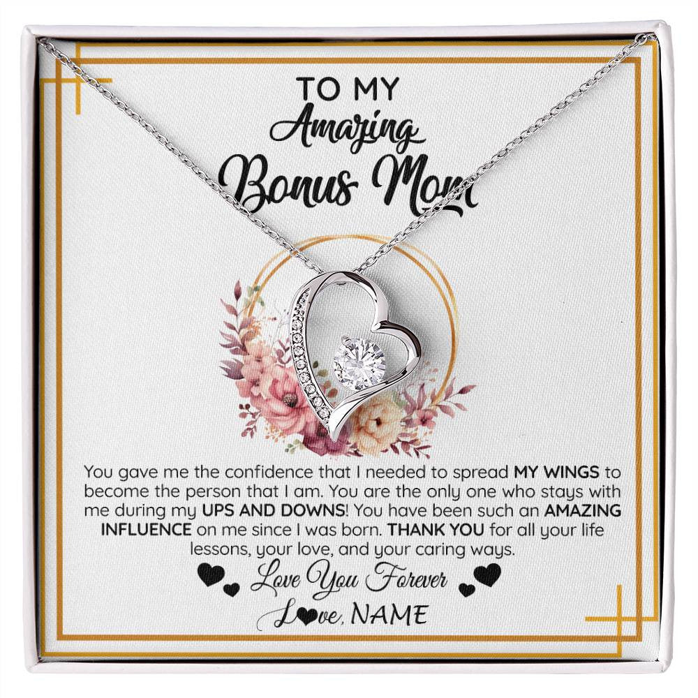 Forever Love Necklace 14K White Gold Finish | 1 | Personalized To My Amazing Bonus Mom Necklace From Daughter You Gave Me The Confidence Stepmom Birthday Mothers Day Christmas Customized Gift Box Message Card | siriusteestore