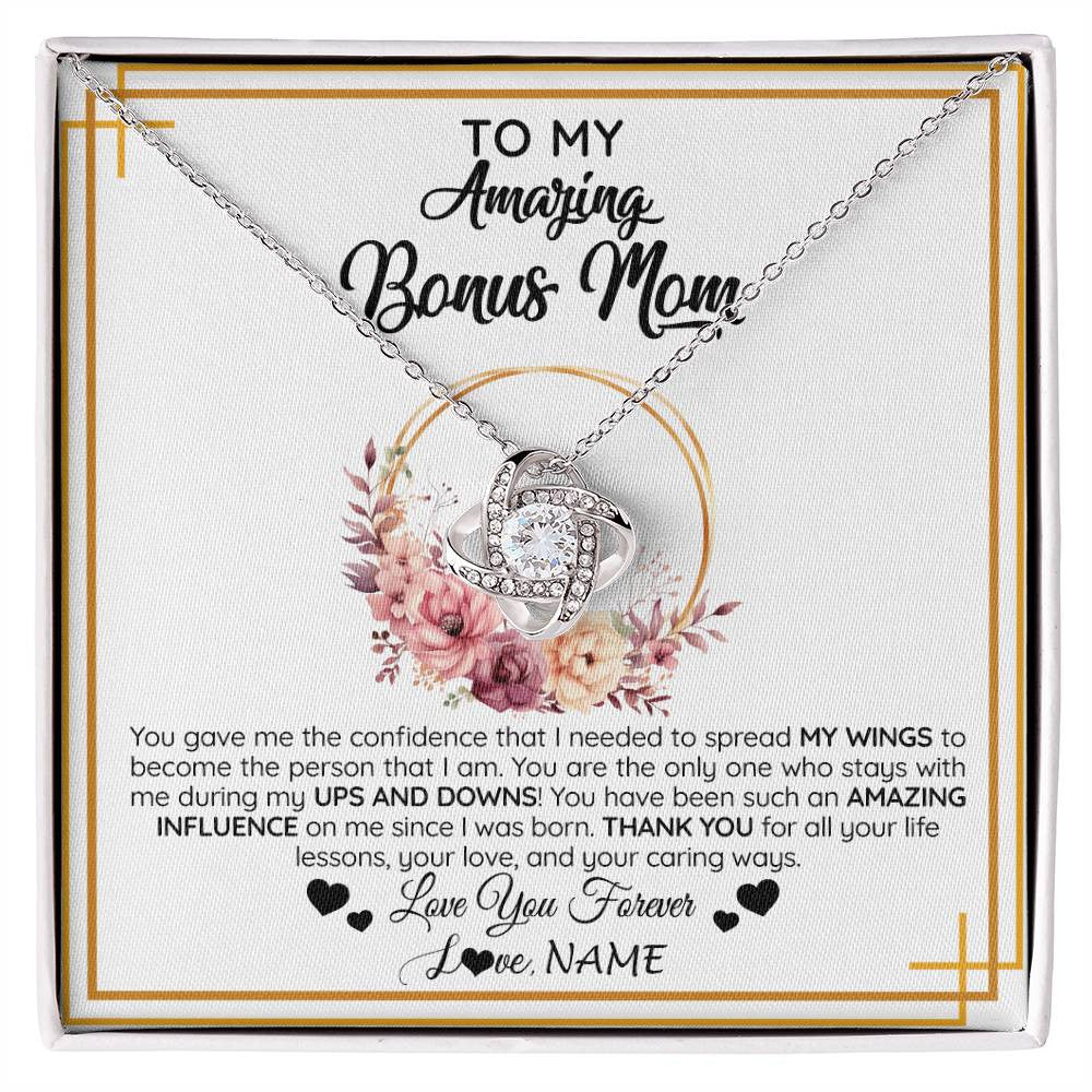Love Knot Necklace 14K White Gold Finish | 1 | Personalized To My Amazing Bonus Mom Necklace From Daughter You Gave Me The Confidence Stepmom Birthday Mothers Day Christmas Customized Gift Box Message Card | siriusteestore