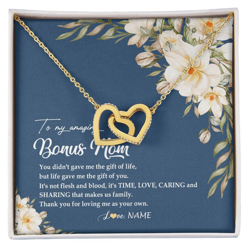 Interlocking Hearts Necklace 18K Yellow Gold Finish | Personalized To My Amazing Bonus Mom Necklace from Daughter Thank You Step Mom Jewelry Birthday Mothers Day Thanksgiving Christmas Customized Message Card | siriusteestore