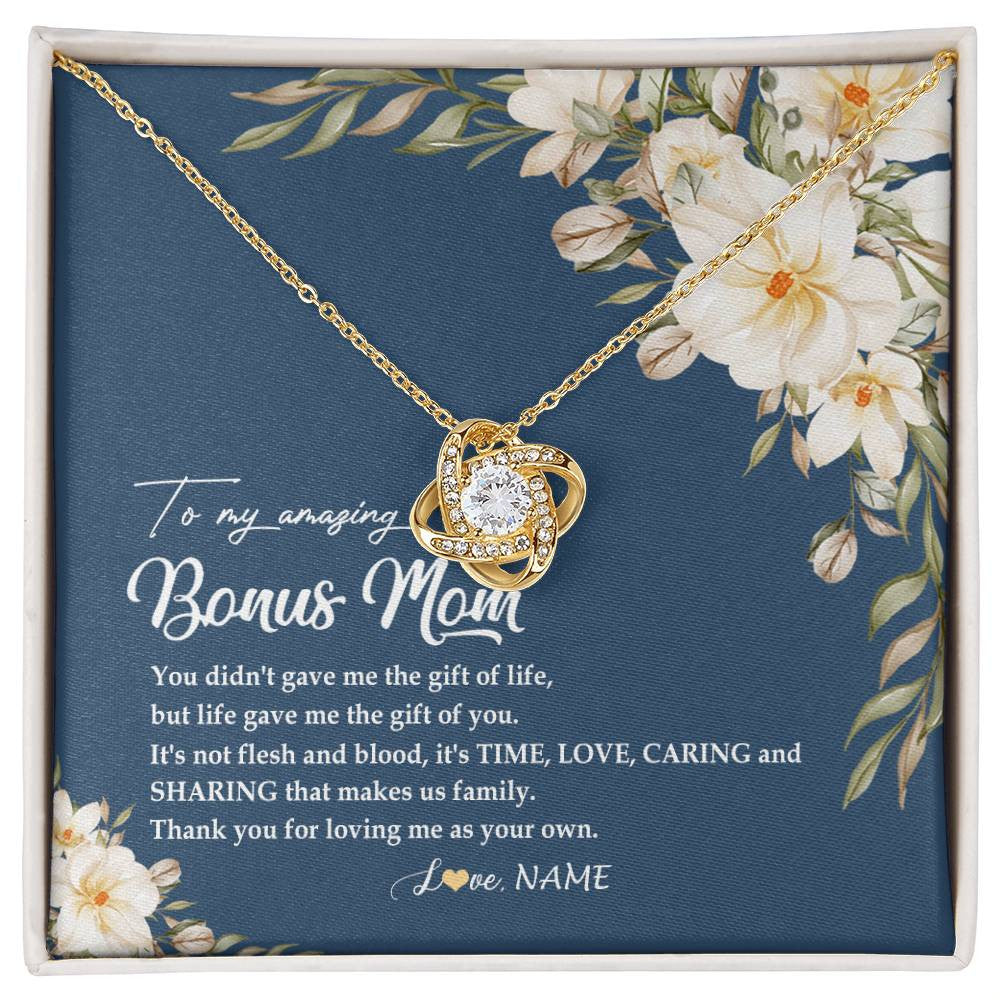 Love Knot Necklace 18K Yellow Gold Finish | Personalized To My Amazing Bonus Mom Necklace from Daughter Thank You Step Mom Jewelry Birthday Mothers Day Thanksgiving Christmas Customized Message Card | siriusteestore
