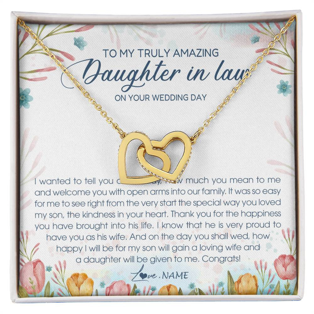 Interlocking Hearts Necklace 18K Yellow Gold Finish | Personalized To My Amazing Daughter In Law Necklace from Mother In Law Daughter In Law On Your Wedding Day Bride Jewelry Customized Gift Box Message Card | siriusteestore