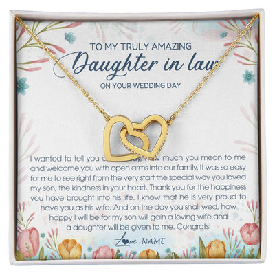 Interlocking Hearts Necklace 18K Yellow Gold Finish | Personalized To My Amazing Daughter In Law Necklace from Mother In Law Daughter In Law On Your Wedding Day Bride Jewelry Customized Gift Box Message Card | siriusteestore