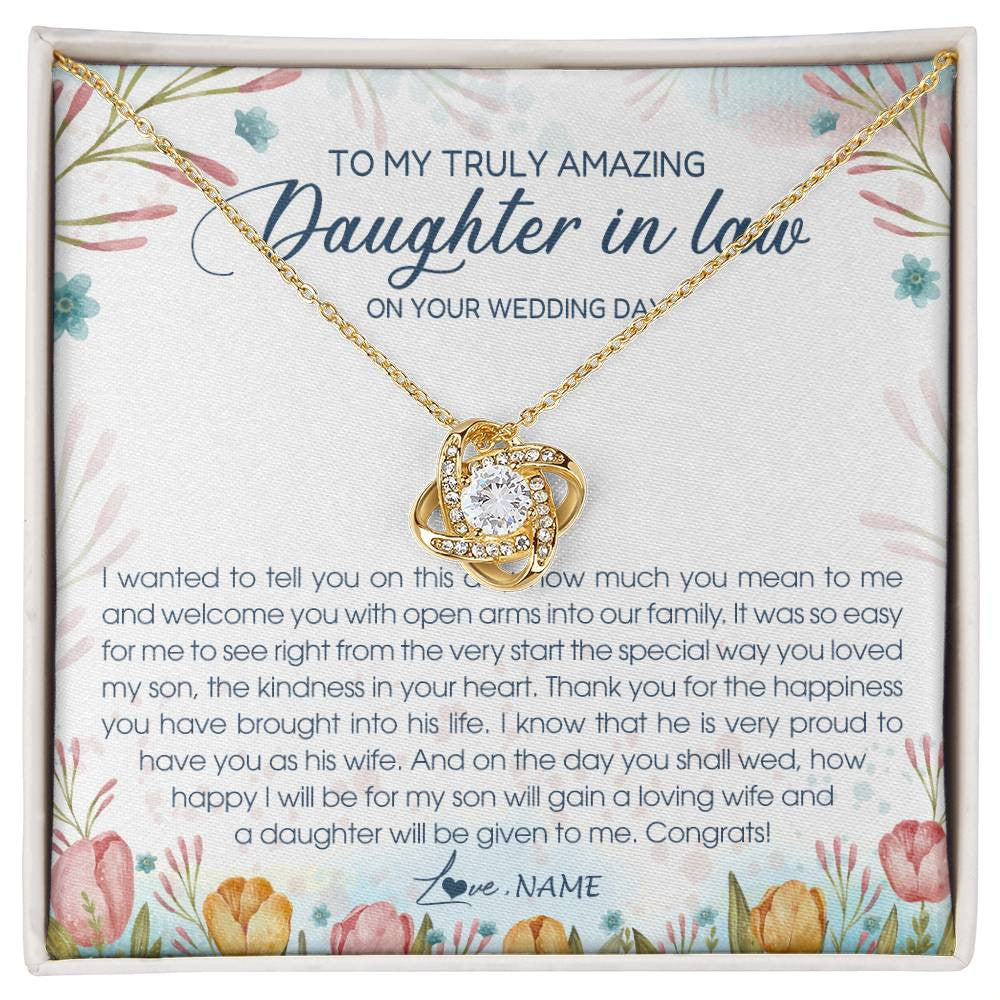 Love Knot Necklace 18K Yellow Gold Finish | Personalized To My Amazing Daughter In Law Necklace from Mother In Law Daughter In Law On Your Wedding Day Bride Jewelry Customized Gift Box Message Card | siriusteestore