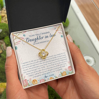 Love Knot Necklace 18K Yellow Gold Finish | Personalized To My Amazing Daughter In Law Necklace from Mother In Law Daughter In Law On Your Wedding Day Bride Jewelry Customized Gift Box Message Card | siriusteestore
