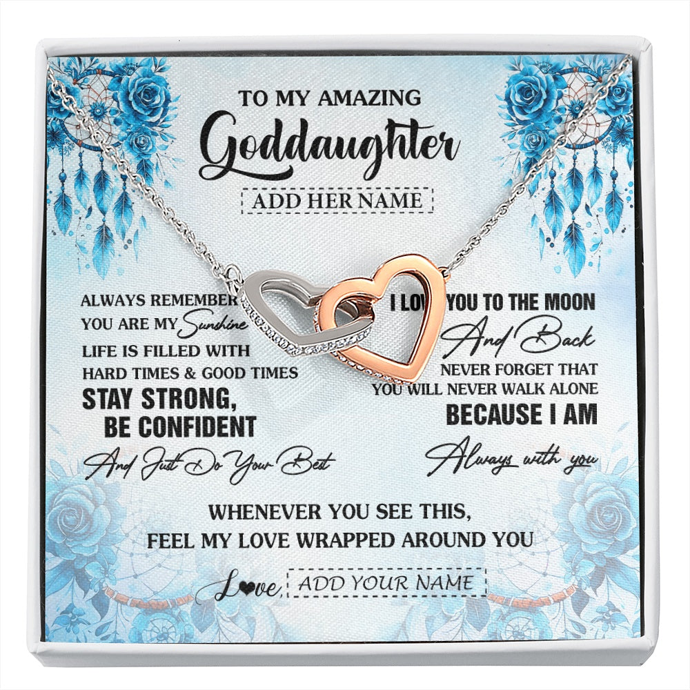 Interlocking Hearts Necklace Stainless Steel & Rose Gold Finish | 1 | Personalized To My Amazing Goddaughter Necklace From Godmother Uncle Dream Catcher It A Big Hug Goddaughter Birthday Gifts Christmas Gift Box Message Card | https://siriusteestore.