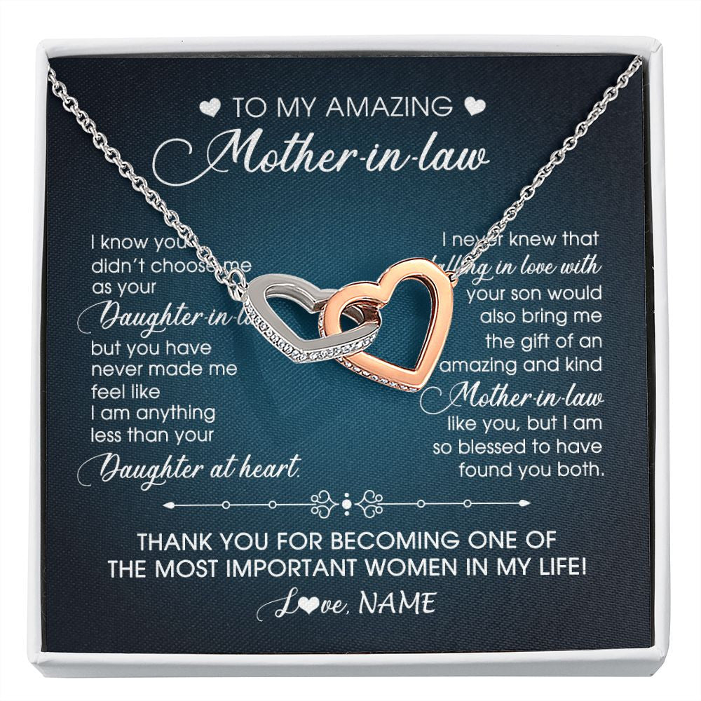 Interlocking Hearts Necklace | Personalized To My Amazing Mother In Law Necklace From Daughter Amazing And Kind Mother In Law Birthday Christmas Jewelry Customized Gift Box Message Card | siriusteestore