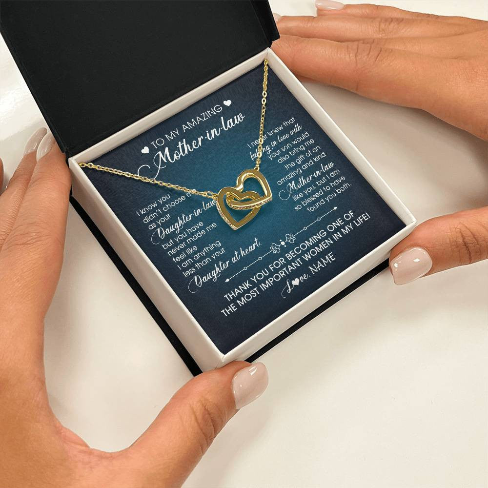 Interlocking Hearts Necklace 18K Yellow Gold Finish | 2 | Personalized To My Amazing Mother In Law Necklace From Daughter Amazing And Kind Mother In Law Birthday Christmas Jewelry Customized Gift Box Message Card | siriusteestore