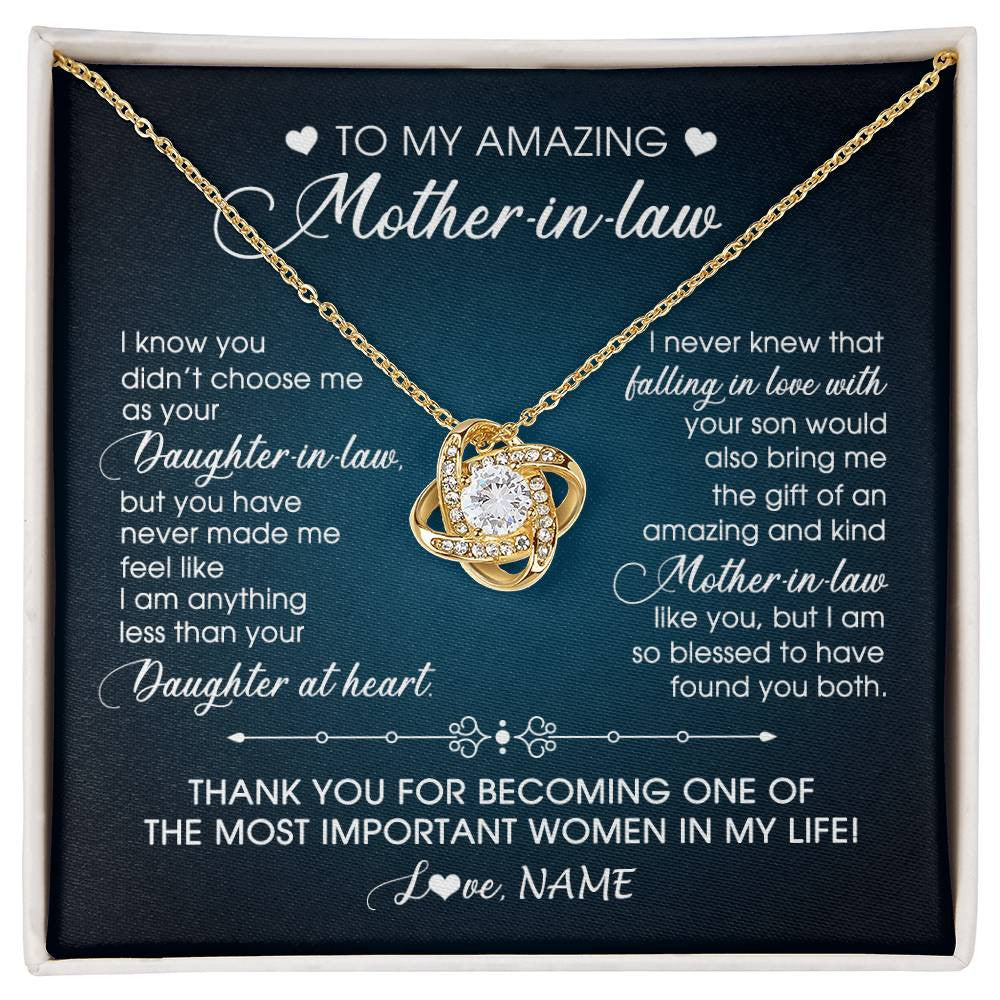 Love Knot Necklace 18K Yellow Gold Finish | 1 | Personalized To My Amazing Mother In Law Necklace From Daughter Amazing And Kind Mother In Law Birthday Christmas Jewelry Customized Gift Box Message Card | siriusteestore