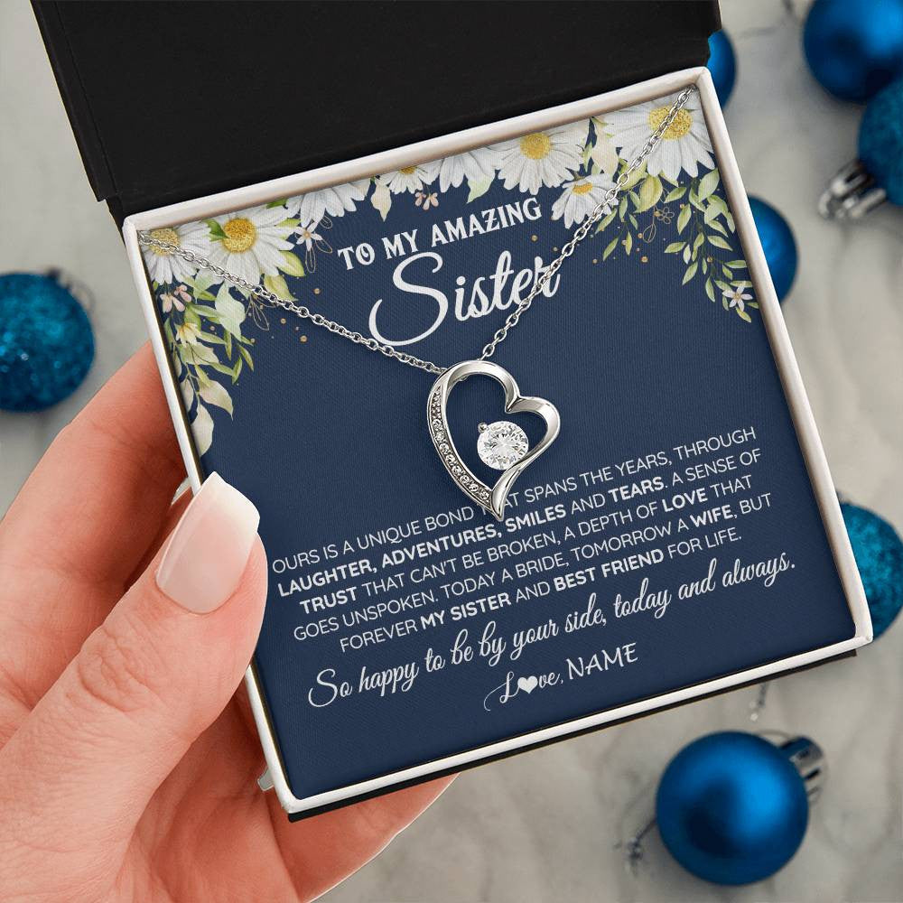 Forever Love Necklace 14K White Gold Finish | 2 | Personalized To My Amazing Sister On Her Wedding Day Necklace Forever My Sister Bride From Sister Wedding Day Gift Ideas Customized Gift Box Message Card | siriusteestore