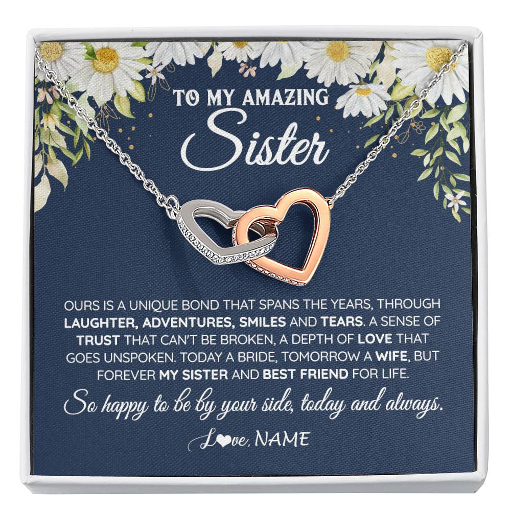 Interlocking Hearts Necklace Stainless Steel & Rose Gold Finish | 1 | Personalized To My Amazing Sister On Her Wedding Day Necklace Forever My Sister Bride From Sister Wedding Day Gift Ideas Customized Gift Box Message Card | siriusteestore