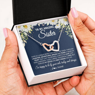 Interlocking Hearts Necklace Stainless Steel & Rose Gold Finish | 2 | Personalized To My Amazing Sister On Her Wedding Day Necklace Forever My Sister Bride From Sister Wedding Day Gift Ideas Customized Gift Box Message Card | siriusteestore