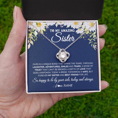 Love Knot Necklace 14K White Gold Finish | 2 | Personalized To My Amazing Sister On Her Wedding Day Necklace Forever My Sister Bride From Sister Wedding Day Gift Ideas Customized Gift Box Message Card | siriusteestore