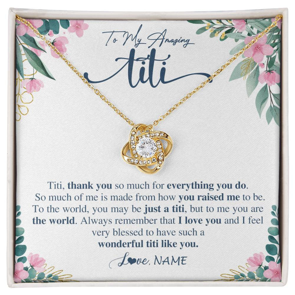 Love Knot Necklace 18K Yellow Gold Finish | 1 | Personalized To My Amazing Titi Necklace From Niece Nephew Thank You For Everything You Do Titi Mothers Day Birthday Christmas Customized Gift Box Message Card | siriusteestore