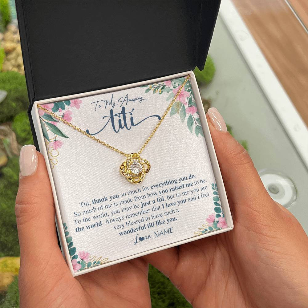 Love Knot Necklace 18K Yellow Gold Finish | 2 | Personalized To My Amazing Titi Necklace From Niece Nephew Thank You For Everything You Do Titi Mothers Day Birthday Christmas Customized Gift Box Message Card | siriusteestore