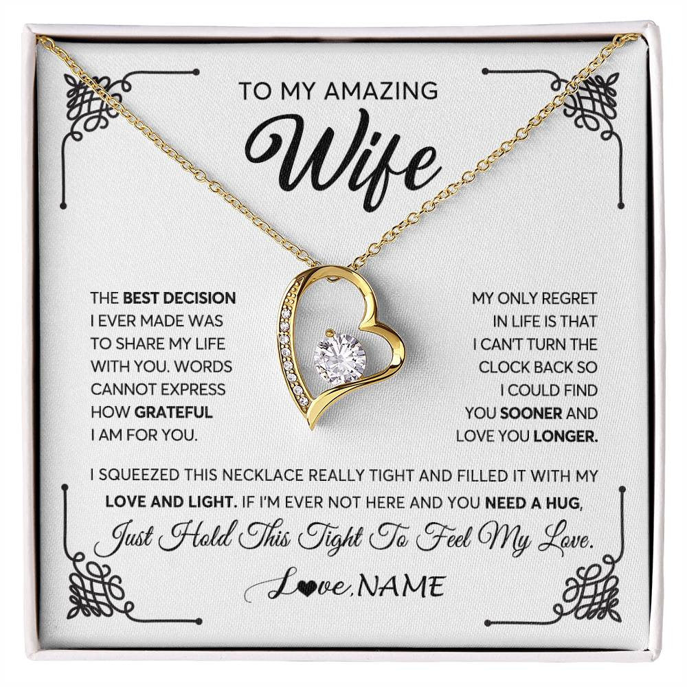 Forever Love Necklace 18K Yellow Gold Finish | 1 | Personalized To My Amazing Wife Necklace From Husband The Best Decision I Ever Made Wife Valentines Day Birthday Christmas Customized Gift Box Message Card | siriusteestore