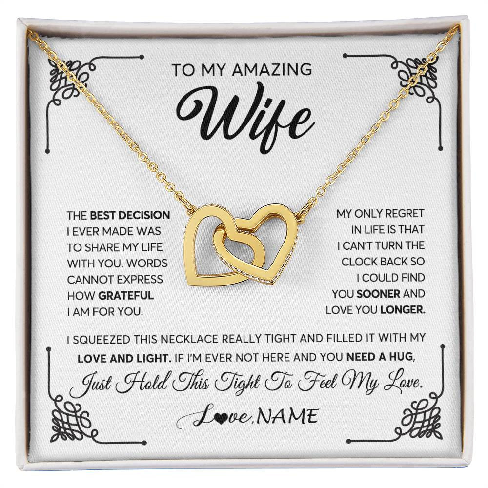 Interlocking Hearts Necklace 18K Yellow Gold Finish | 1 | Personalized To My Amazing Wife Necklace From Husband The Best Decision I Ever Made Wife Valentines Day Birthday Christmas Customized Gift Box Message Card | siriusteestore