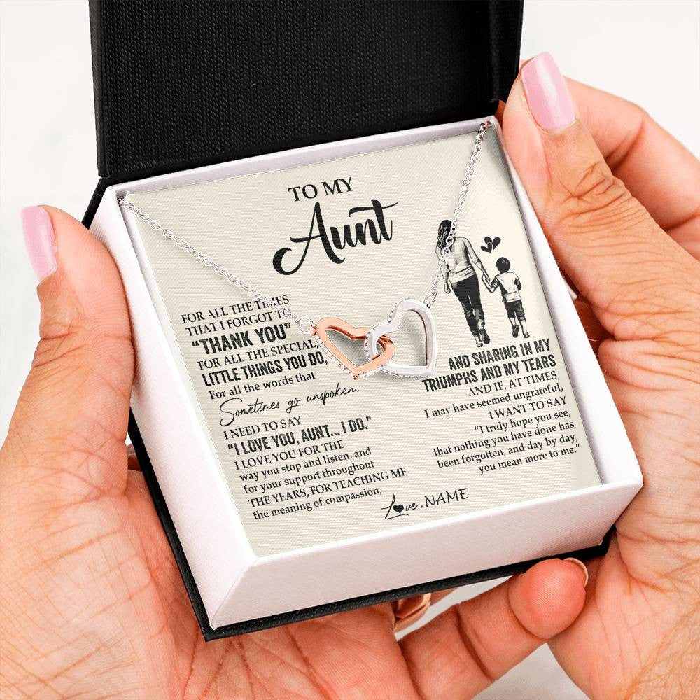 Interlocking Hearts Necklace Stainless Steel & Rose Gold Finish | 2 | Personalized To My Aunt Necklace From Nephew For All The Times That I Forgot To Thank You Aunt Birthday Mothers Day Christmas Customized Gift Box Message Card | siriusteestore