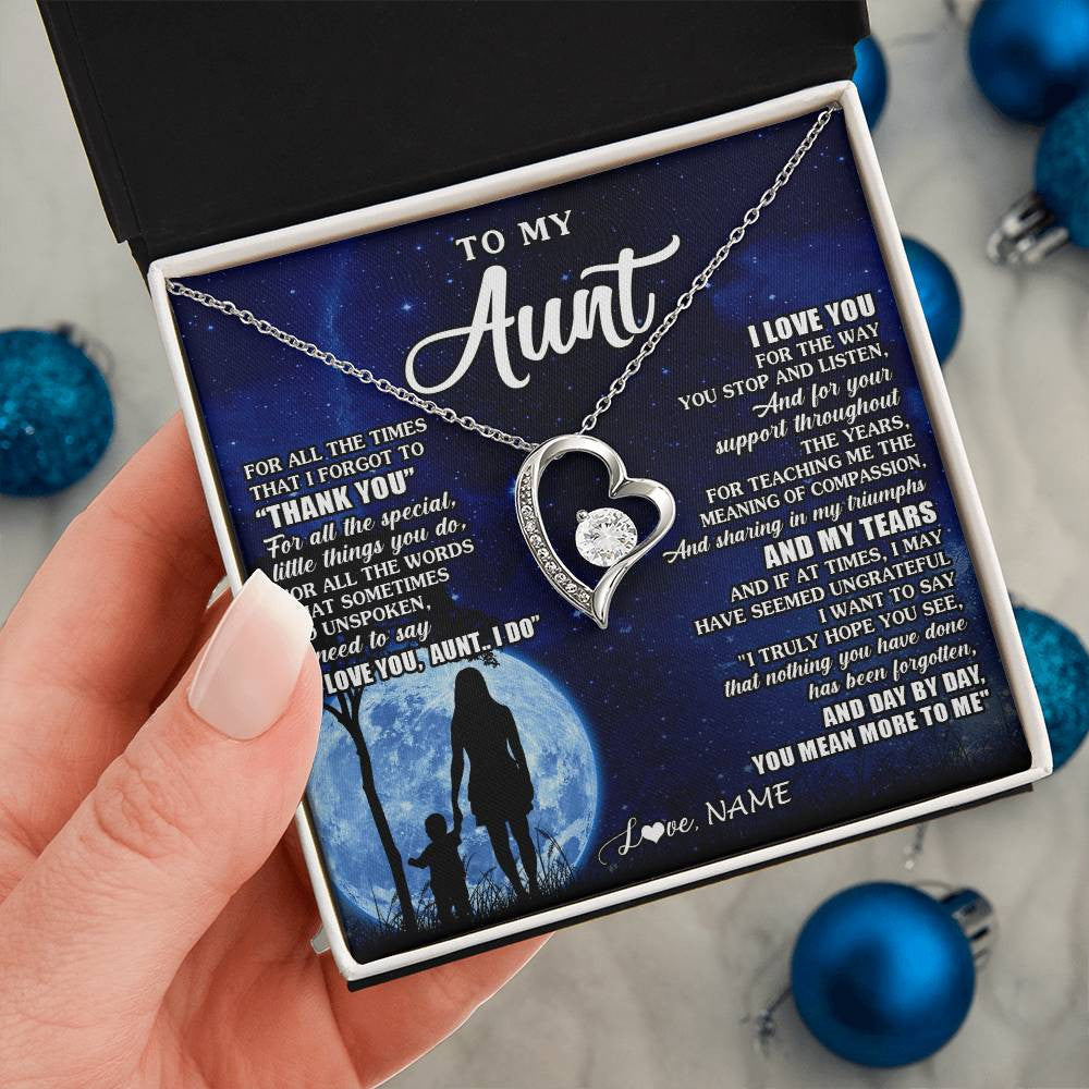Forever Love Necklace 14K White Gold Finish | 2 | Personalized To My Aunt Necklace From Nephew Niece Thank You Grateful Love Aunt Birthday Mothers Day Thanksgiving Christmas Customized Gift Box Message Card | siriusteestore
