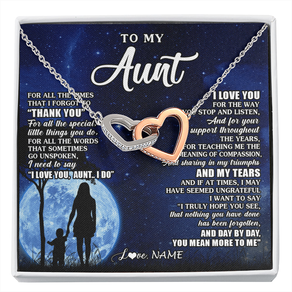 Interlocking Hearts Necklace Stainless Steel & Rose Gold Finish | 1 | Personalized To My Aunt Necklace From Nephew Niece Thank You Grateful Love Aunt Birthday Mothers Day Thanksgiving Christmas Customized Gift Box Message Card | siriusteestore