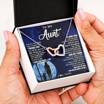 Interlocking Hearts Necklace Stainless Steel & Rose Gold Finish | 2 | Personalized To My Aunt Necklace From Nephew Niece Thank You Grateful Love Aunt Birthday Mothers Day Thanksgiving Christmas Customized Gift Box Message Card | siriusteestore