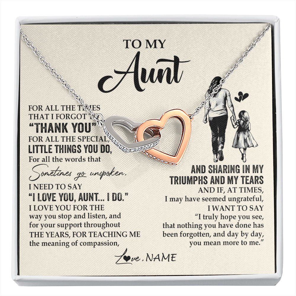 Interlocking Hearts Necklace Stainless Steel & Rose Gold Finish | 1 | Personalized To My Aunt Necklace From Niece For All The Times That I Forgot To Thank You Aunt Birthday Mothers Day Christmas Customized Gift Box Message Card | siriusteestore