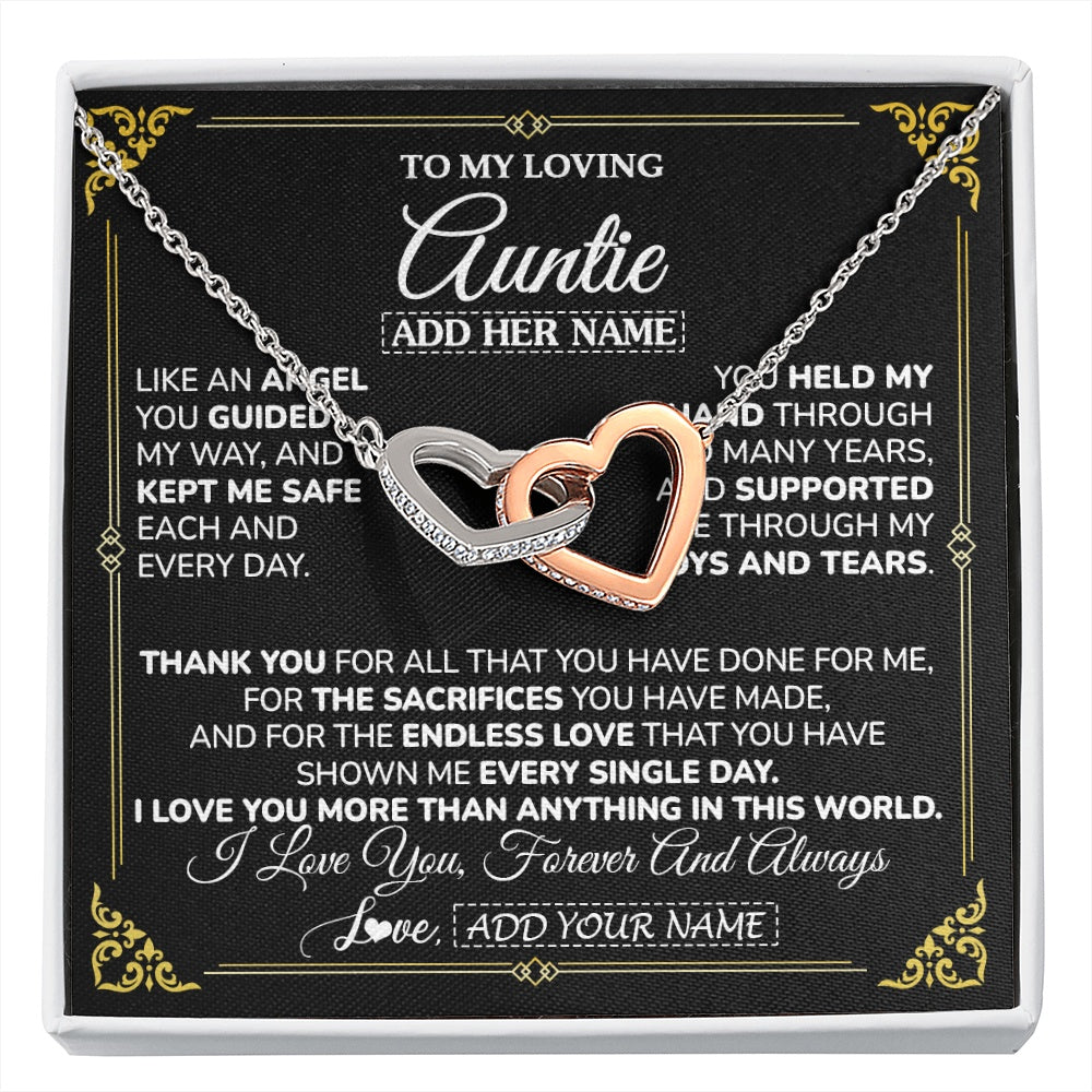 Interlocking Hearts Necklace Stainless Steel & Rose Gold Finish | 1 | Personalized To My Auntie Necklace Gifts Meaningful Gift To Auntie From Niece Without You There Is No Me Mothers Day Aunt Birthday Gift Box Message Card | https://siriusteestore.