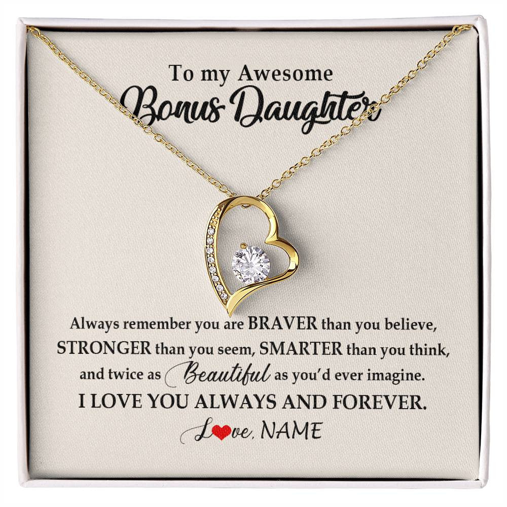 Forever Love Necklace 18K Yellow Gold Finish | Personalized To My Awesome Bonus Daughter Necklace From Stepmom I Love You Always And Forever Stepdaughter Birthday Christmas Customized Gift Box Message Card | siriusteestore