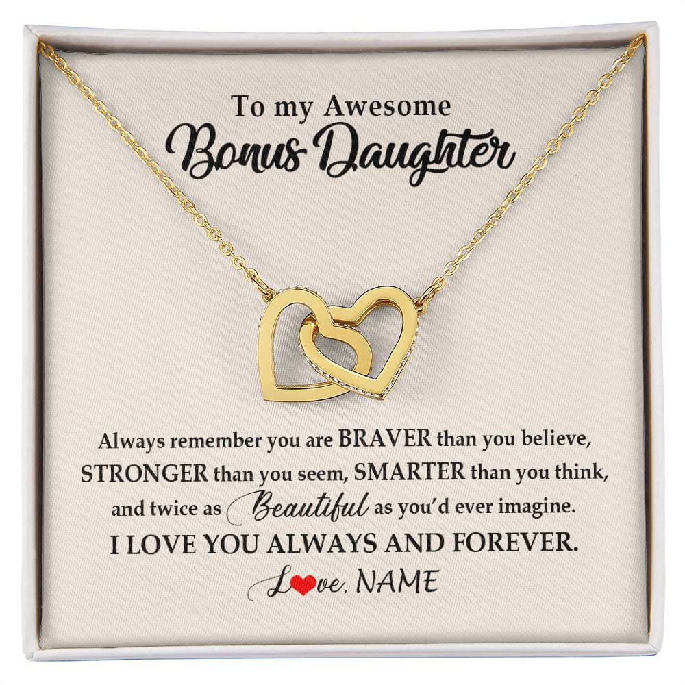 Interlocking Hearts Necklace 18K Yellow Gold Finish | Personalized To My Awesome Bonus Daughter Necklace From Stepmom I Love You Always And Forever Stepdaughter Birthday Christmas Customized Gift Box Message Card | siriusteestore