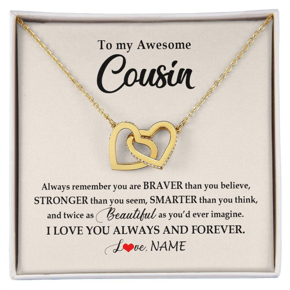Interlocking Hearts Necklace 18K Yellow Gold Finish | Personalized To My Awesome Cousin Necklace From Family I Love You Always And Forever Cousin Jewelry Birthday Christmas Customized Gift Box Message Card | siriusteestore