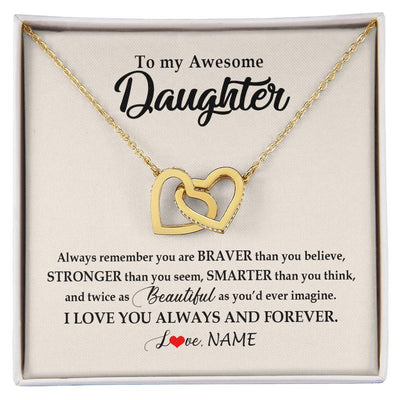 Interlocking Hearts Necklace 18K Yellow Gold Finish | Personalized To My Awesome Daughter Necklace From Mom Dad I Love You Always And Forever Daughter Birthday Christmas Jewelry Customized Gift Box Message Card | siriusteestore