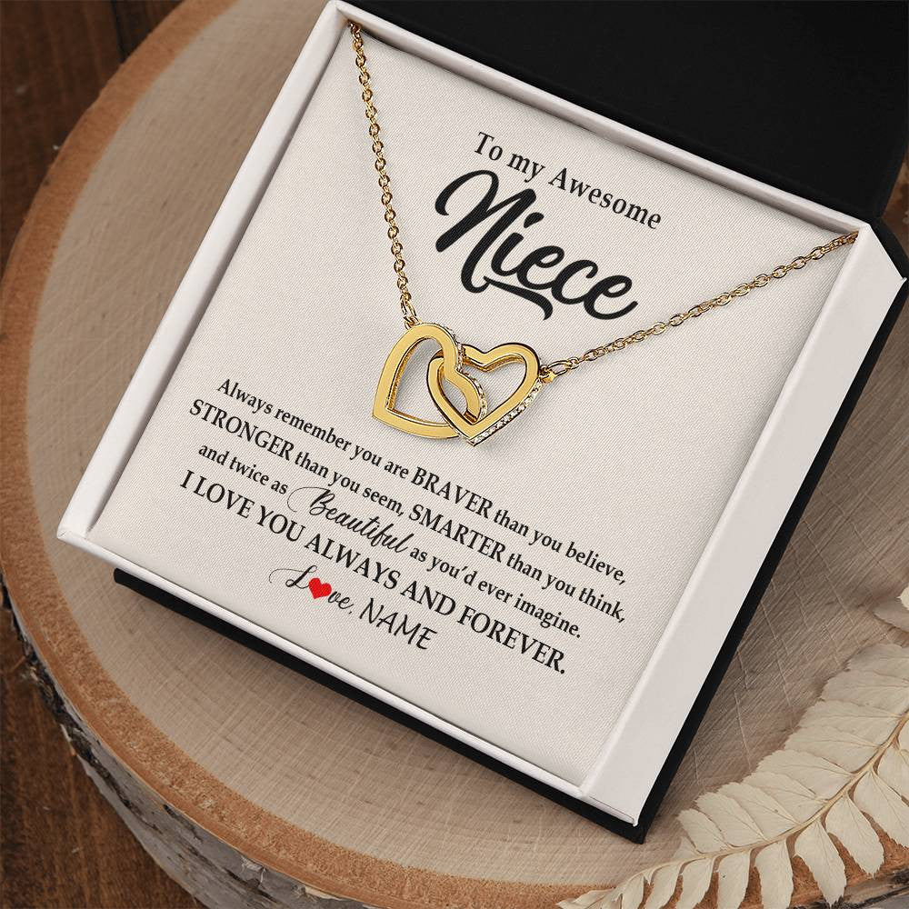 Interlocking Hearts Necklace 18K Yellow Gold Finish | Personalized To My Awesome Niece Necklace From Aunt Uncle I Love You Always And Forever Niece Jewelry Birthday Christmas Customized Gift Box Message Card | siriusteestore