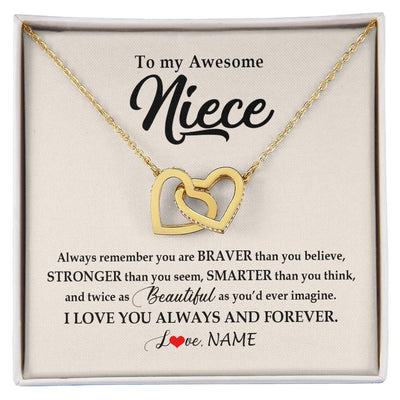 Interlocking Hearts Necklace 18K Yellow Gold Finish | Personalized To My Awesome Niece Necklace From Aunt Uncle I Love You Always And Forever Niece Jewelry Birthday Christmas Customized Gift Box Message Card | siriusteestore